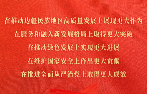 在推動邊疆民族地區(qū)高質(zhì)量發(fā)展上展現(xiàn)更大作為，在服務(wù)和融入新發(fā)展格局上取得更大突破，在推動綠色發(fā)展上實現(xiàn)更大進(jìn)展，在維護國家安全上作出更大貢獻(xiàn)，在推進(jìn)全面從嚴(yán)治黨上取得更大成效